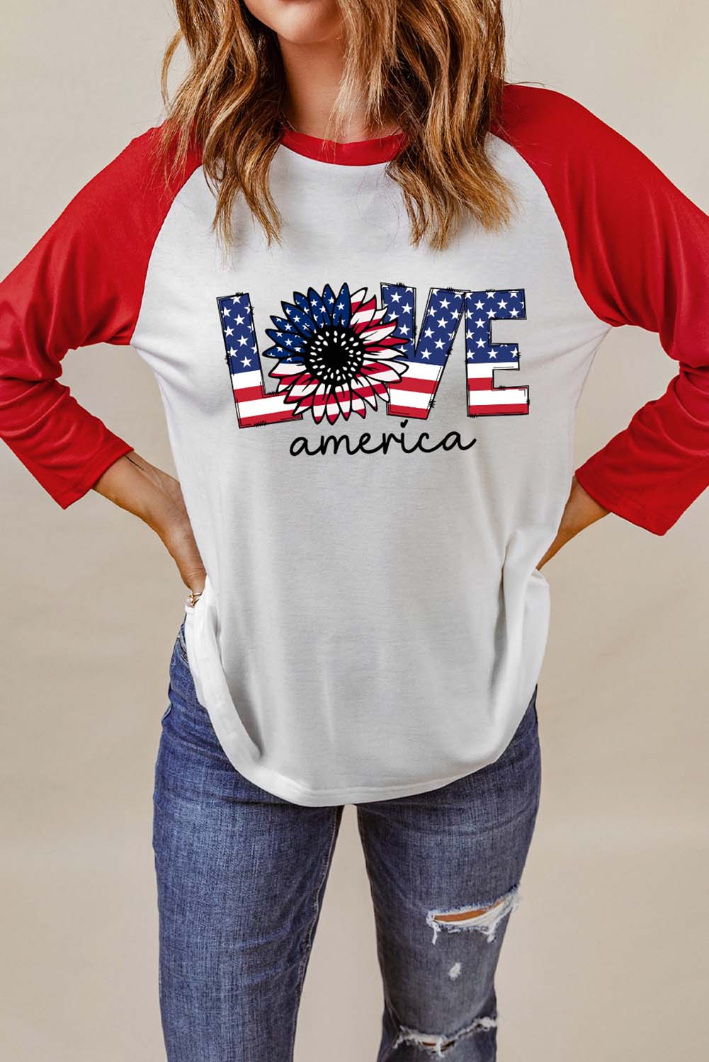 Raglan Sleeve Round Neck LOVE AMERICA Graphic Tee