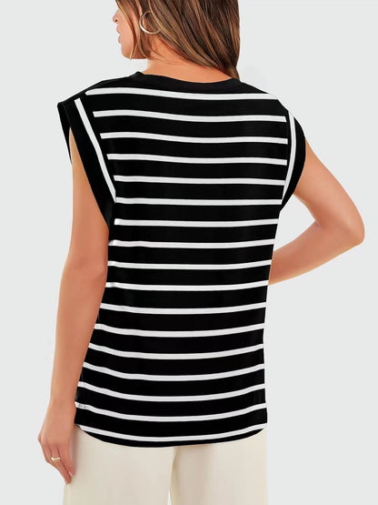 Striped Round Neck Cap Sleeve T-Shirt