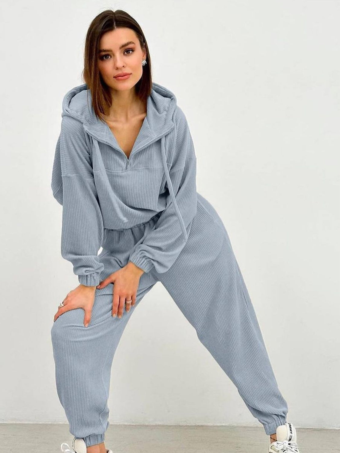 Half Zip Drawstring Hoodie and Pants Set