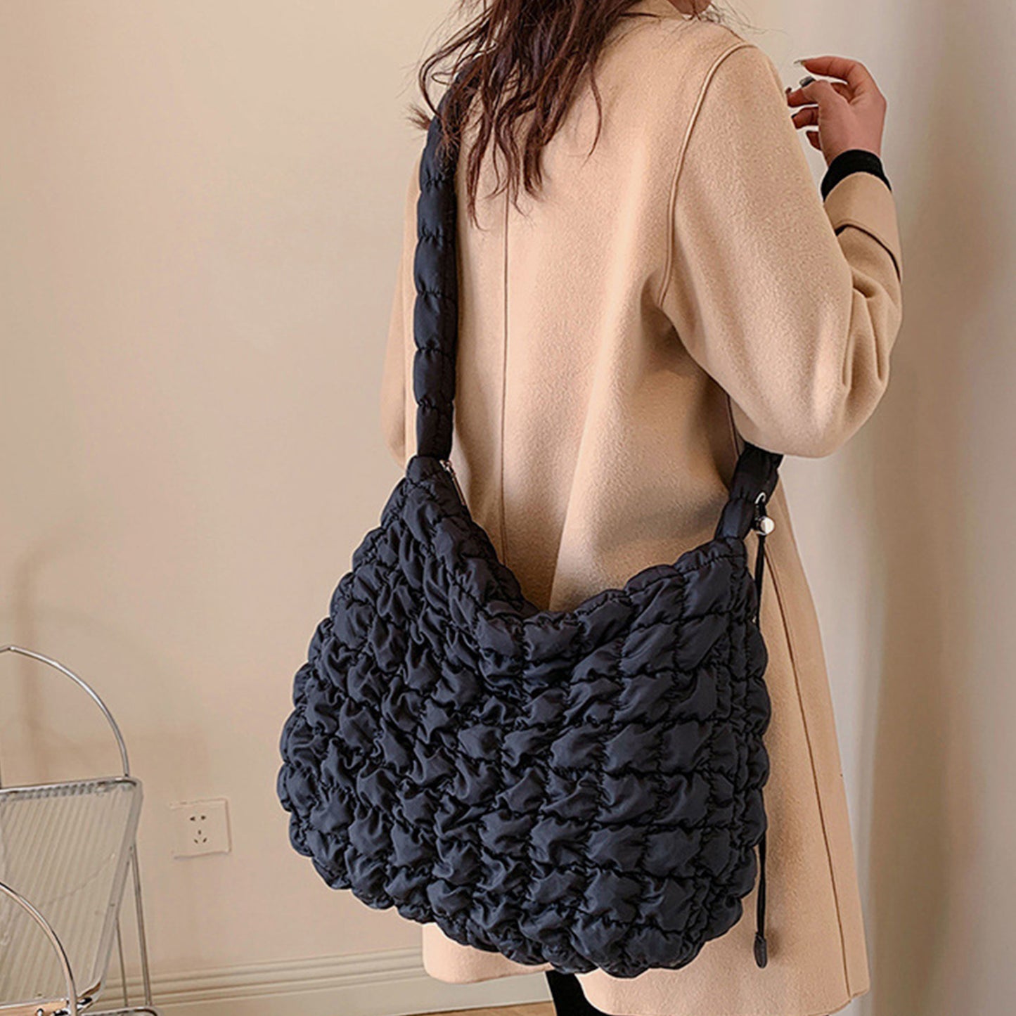 Drawstring Adjustable Strap Quilted Shoulder Bag