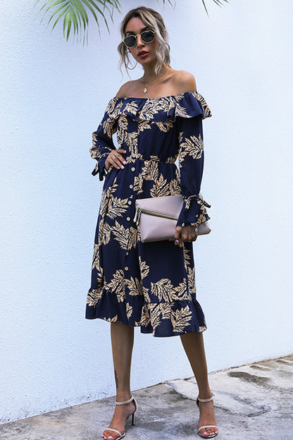 Ruffled Printed Off-Shoulder Midi Dress