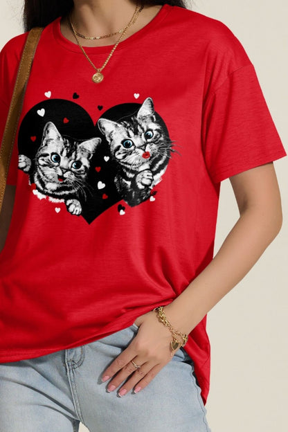 Cat Round Neck Dropped Shoulder T-Shirt