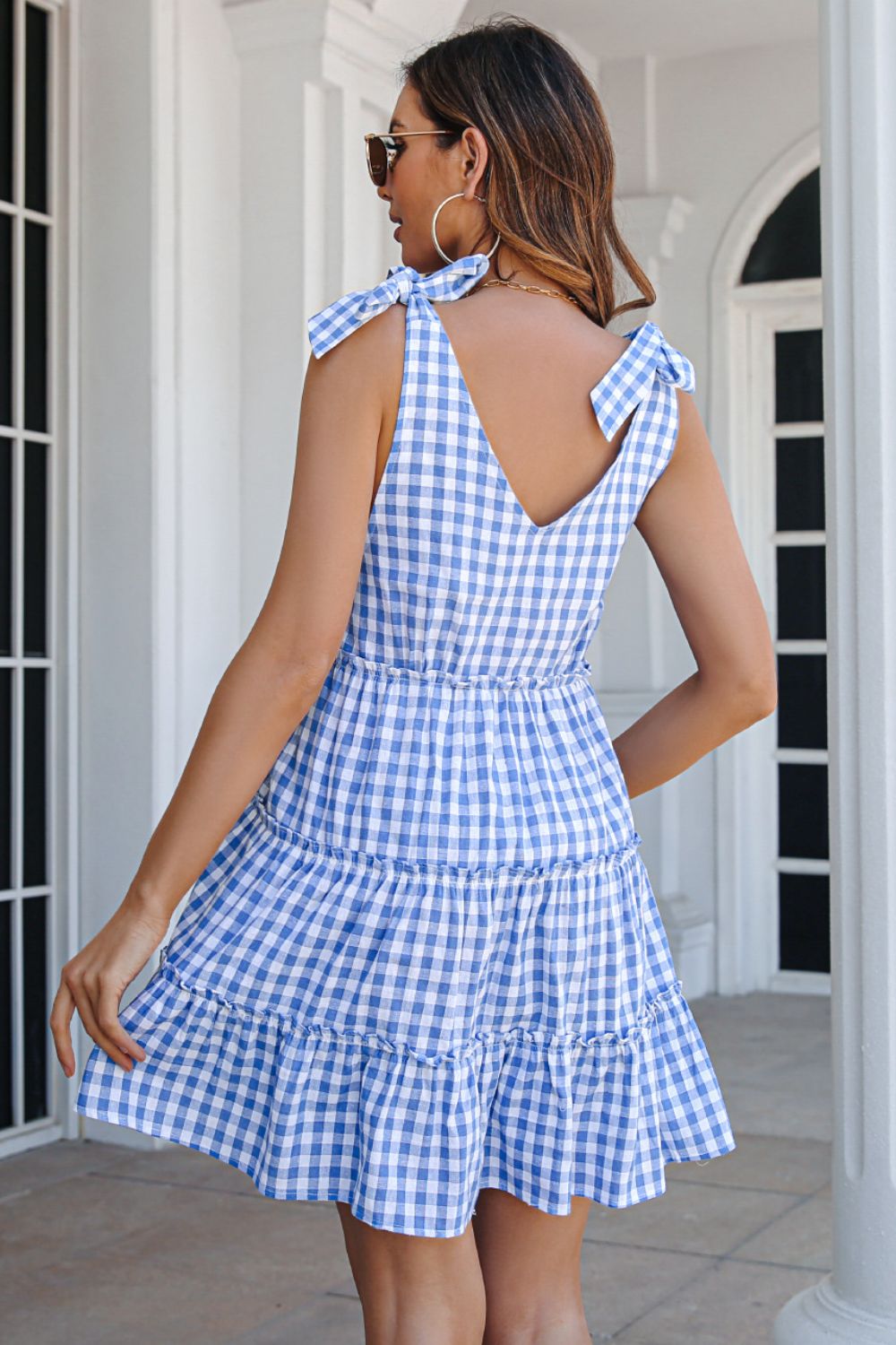 Plaid Tie Shoulder Frill Trim Tiered Dress