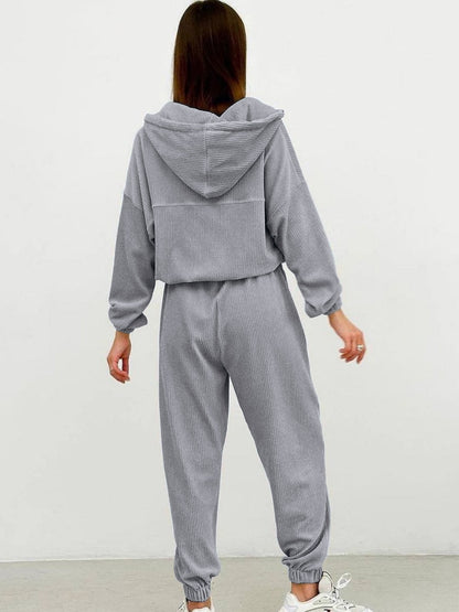 Half Zip Drawstring Hoodie and Pants Set