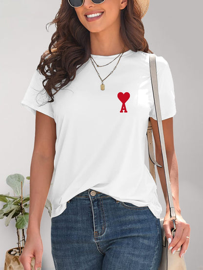 Heart Round Neck Short Sleeve T-Shirt