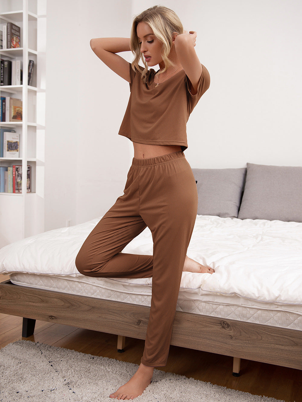 Round Neck Short Sleeve Top and Pants Lounge Set