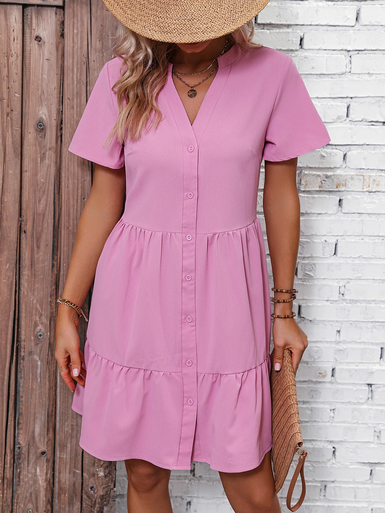 Short Sleeve Buttoned Tiered Dress