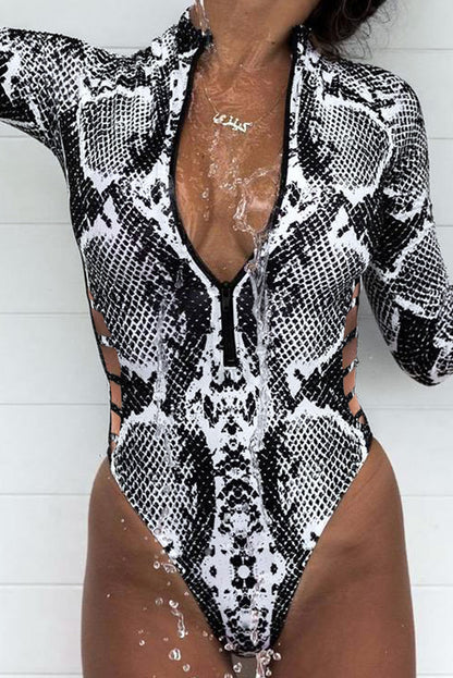 Animal Print Zipper Cut-Out One-Piece Swimwear