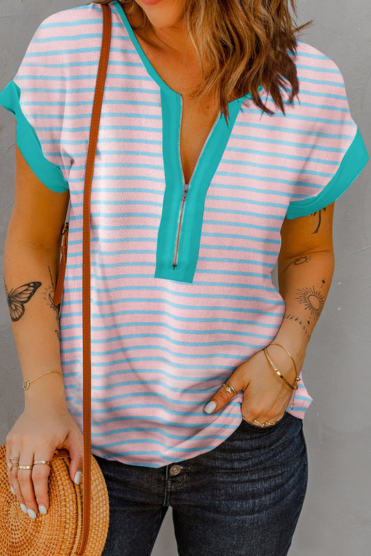 Striped Notched Short Sleeve T-Shirt