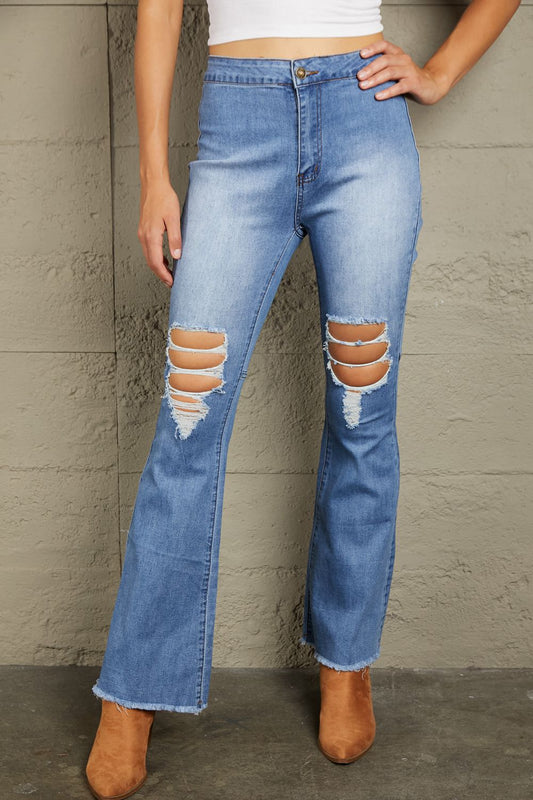 Baeful Distressed Raw Hem High-Waist Flare Jeans