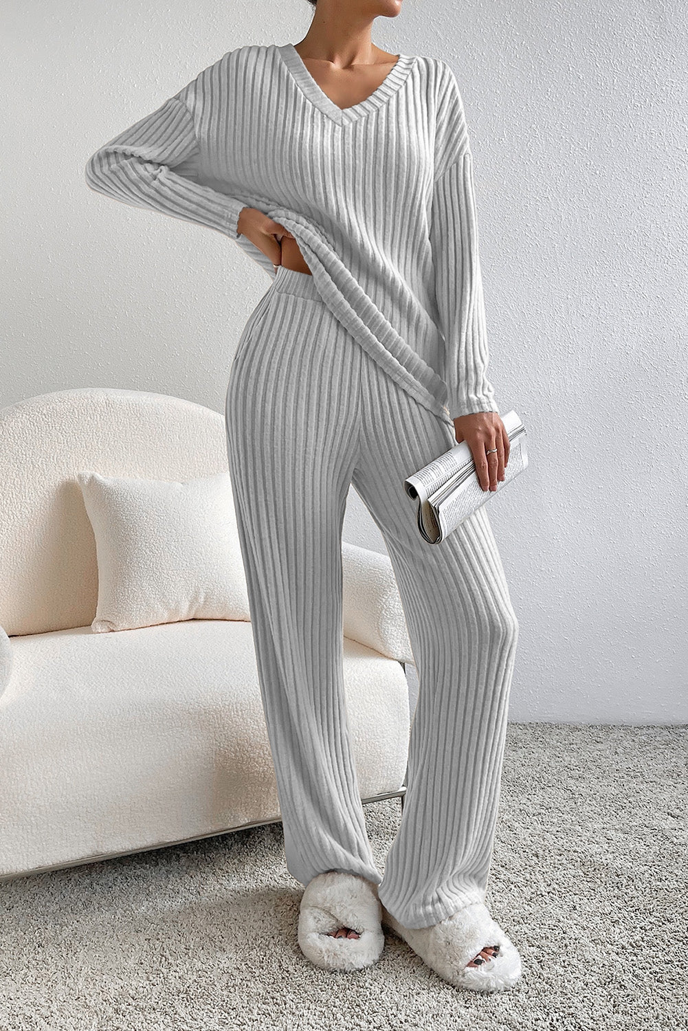 Ribbed V-Neck Top and Pants Lounge Set