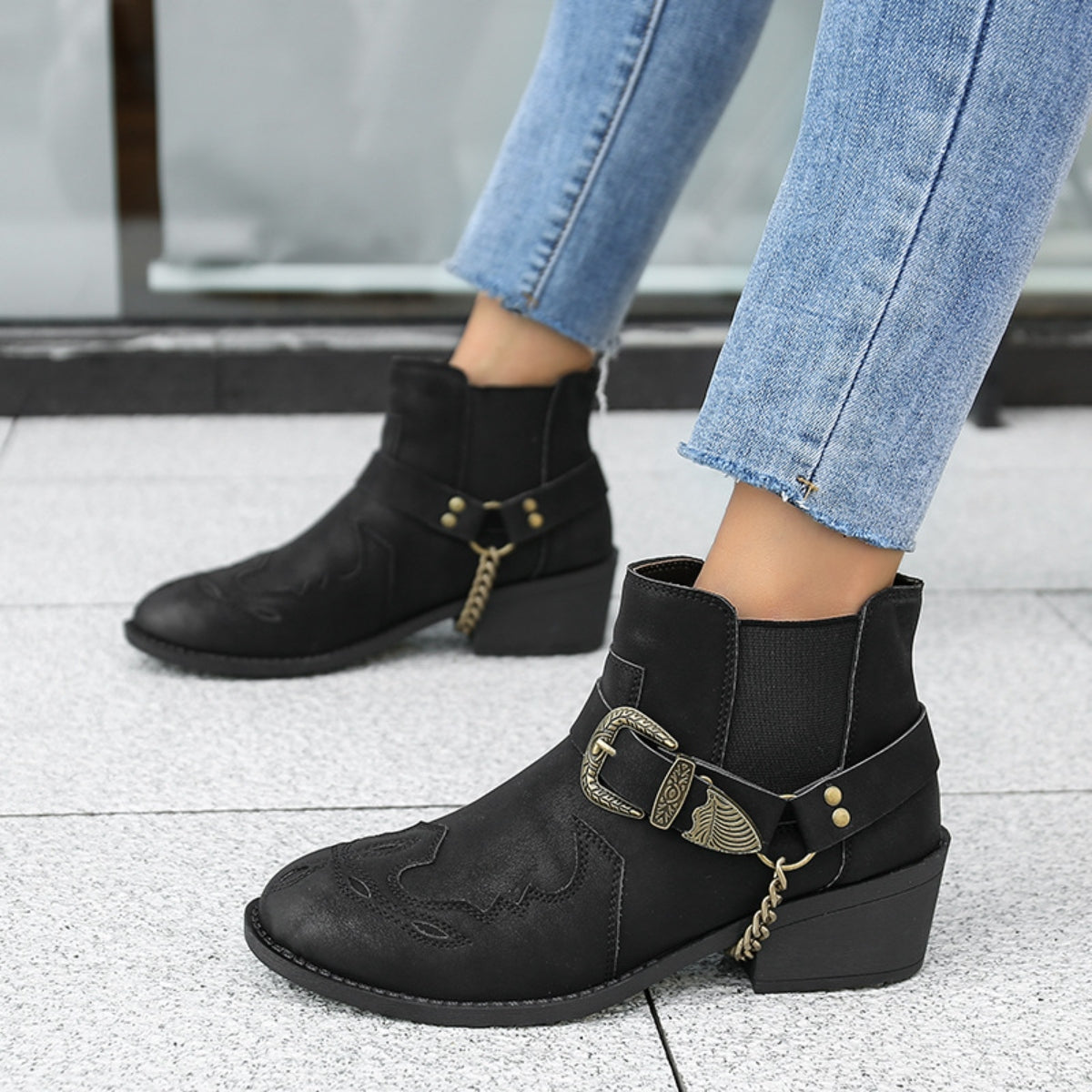 Chain PU Leather Block Heel Boots