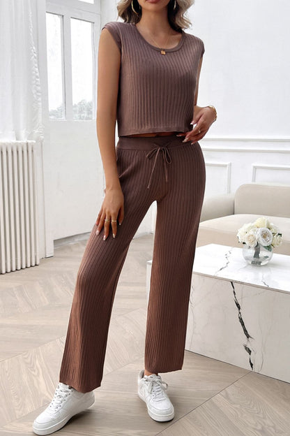 Ribbed Round Neck Top and Pants Set