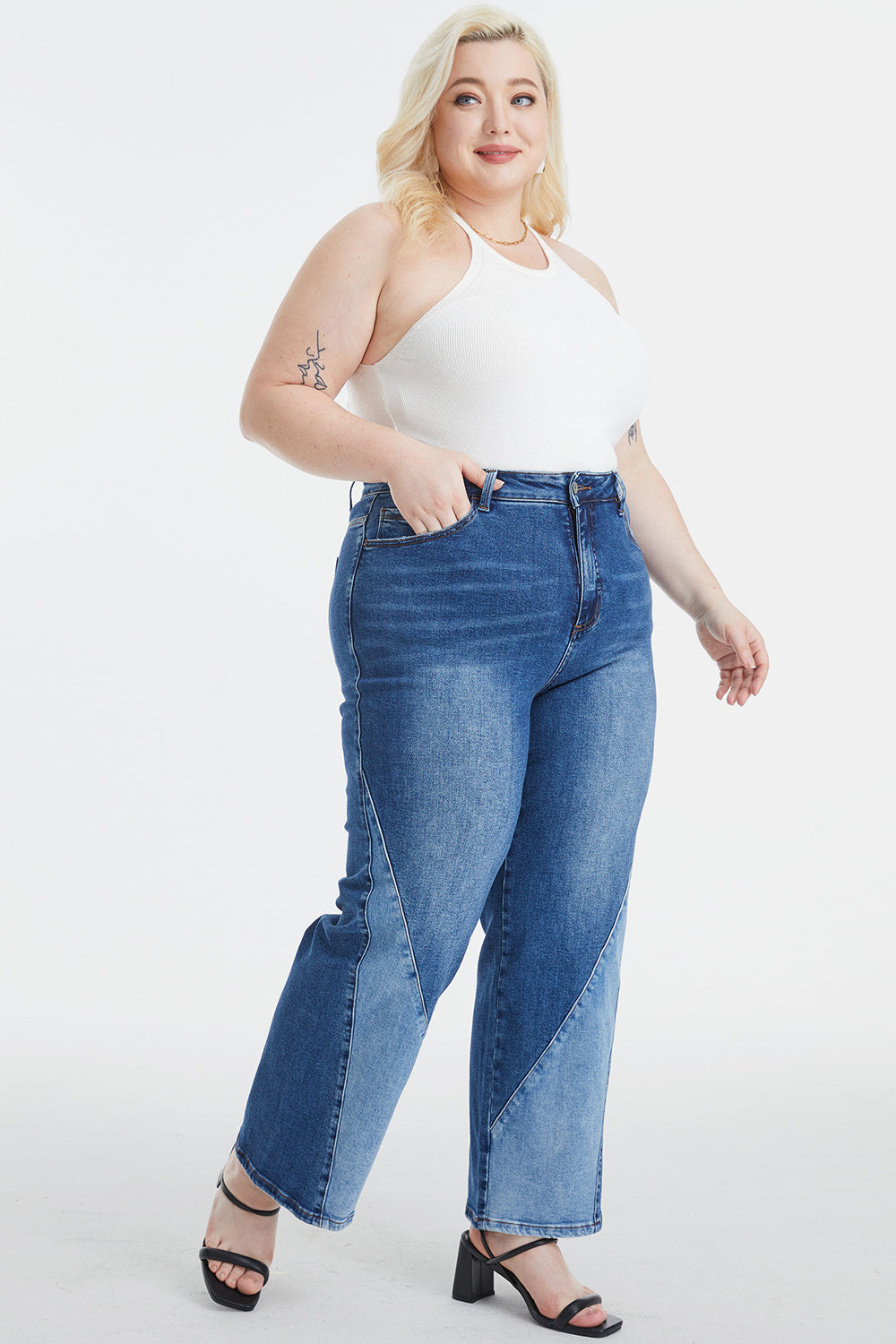 BAYEAS Full Size High Waist Two-Tones Patched Wide Leg Jeans