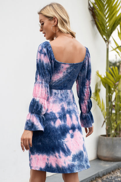 Tie-Dye Square Neck Flounce Sleeve Dress