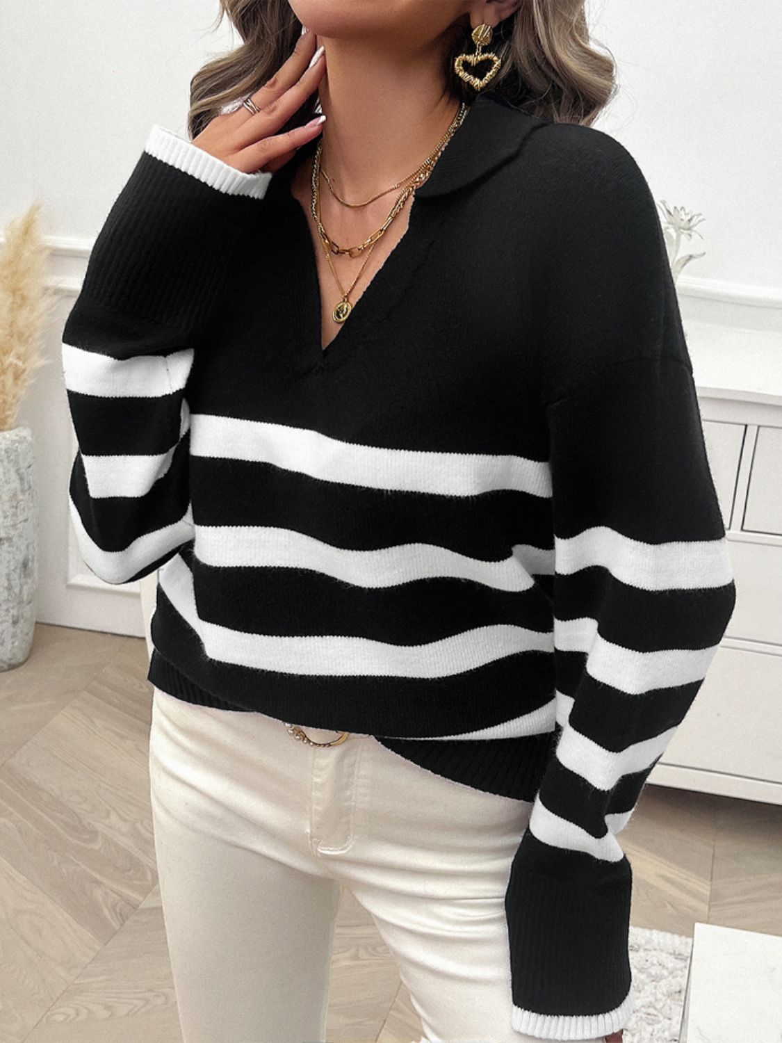 Striped Collared Neck Long Sleeve Sweater