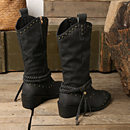 Studded PU Leather Block Heel Boots