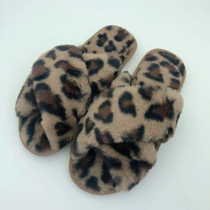 Faux Fur Crisscross Strap Slippers