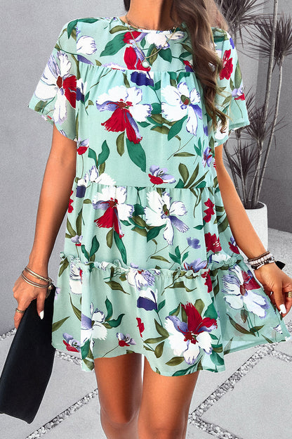 Printed Tiered Round Neck Mini Dress