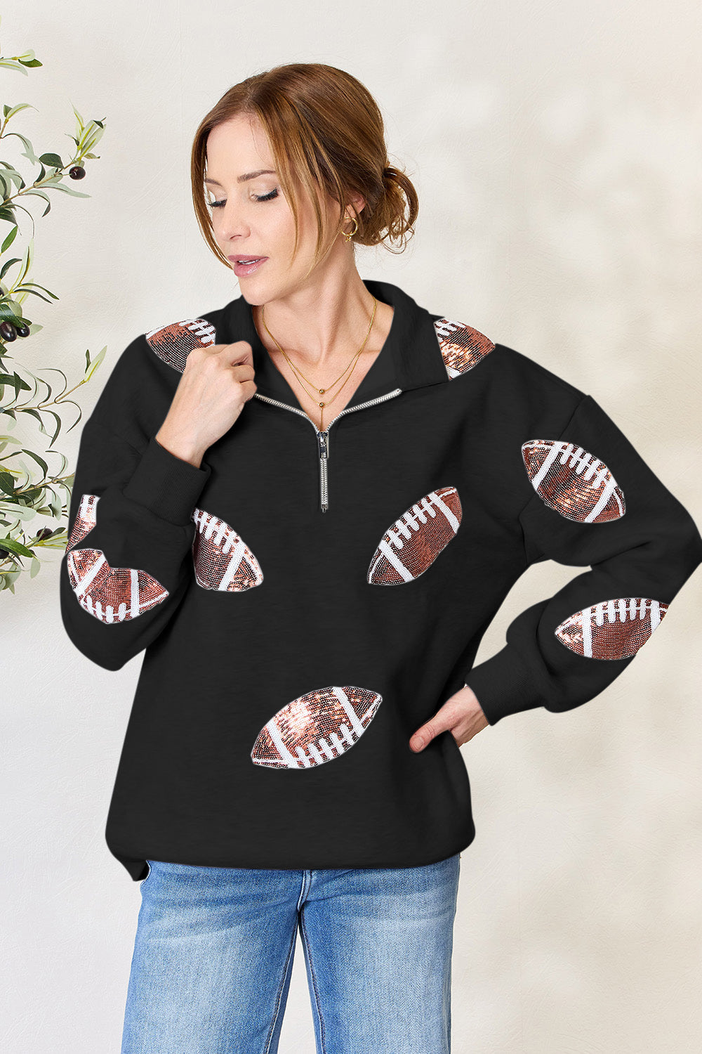 Full Size Sequin Football Half Zip Long Sleeve Sweatshirt