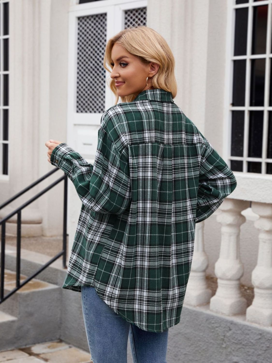 Pocketed Plaid Collared Neck Long Sleeve Shirt