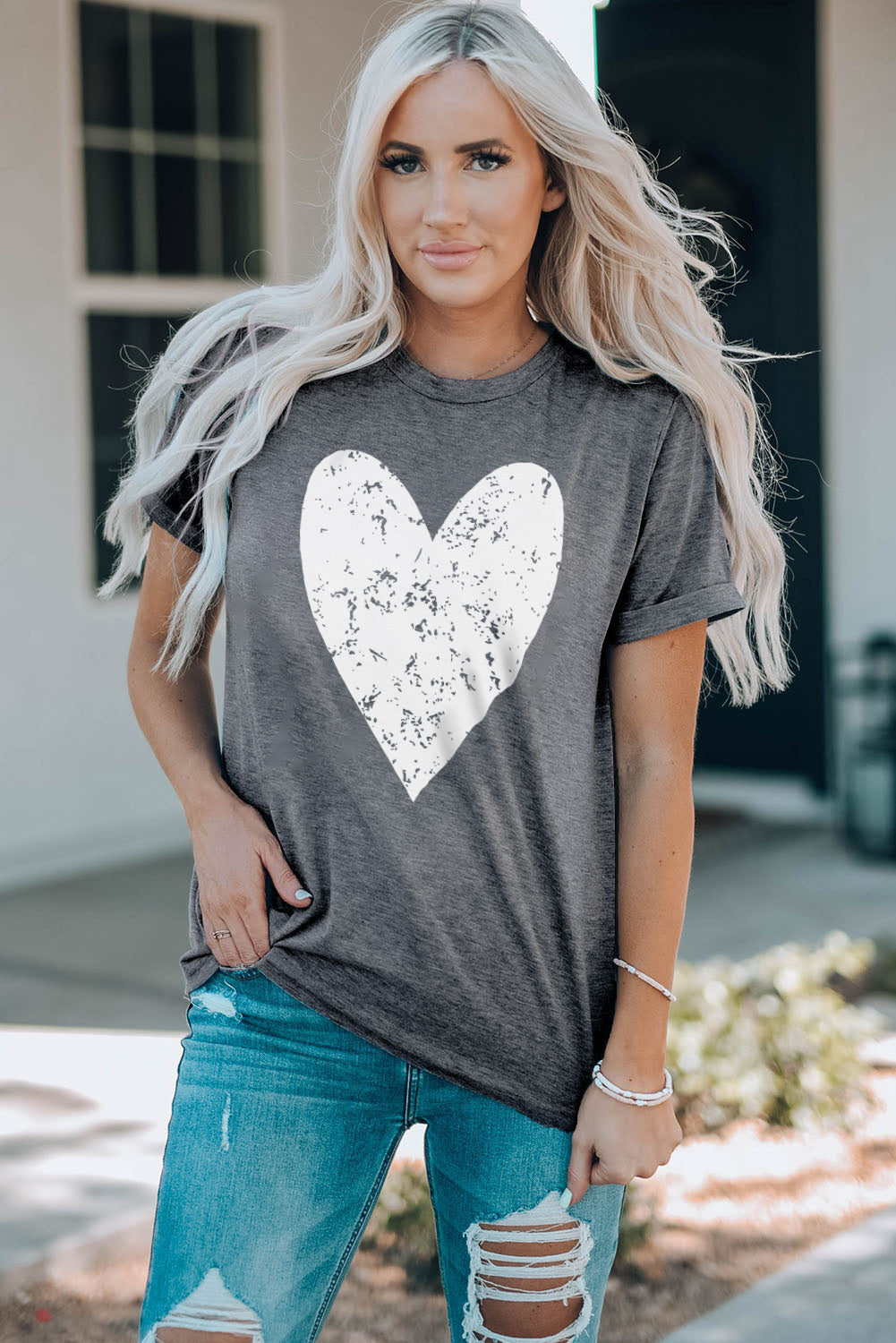 Heart Graphic Cuffed Short Sleeve Tee