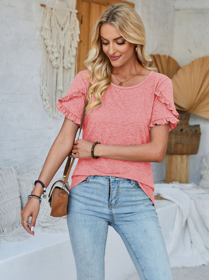 Frill Round Neck Petal Sleeve Blouse