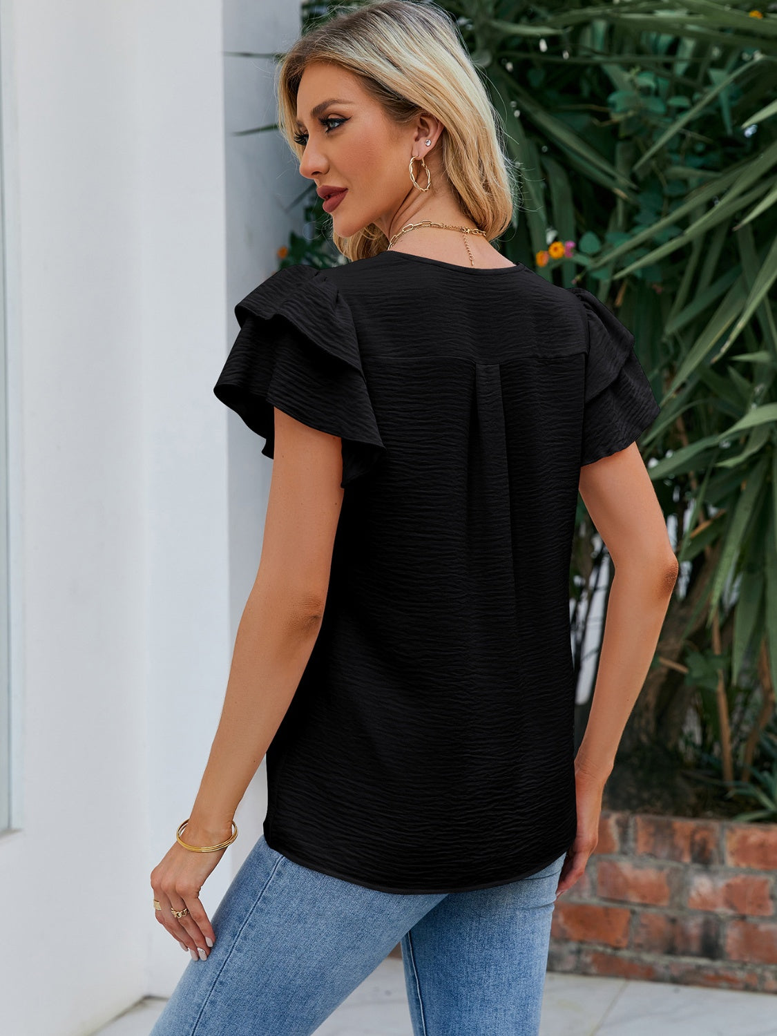 V-Neck Flounce Sleeve Blouse