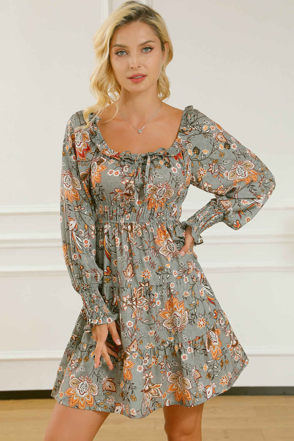 Printed Smocked Lantern Sleeve Tiered Dress