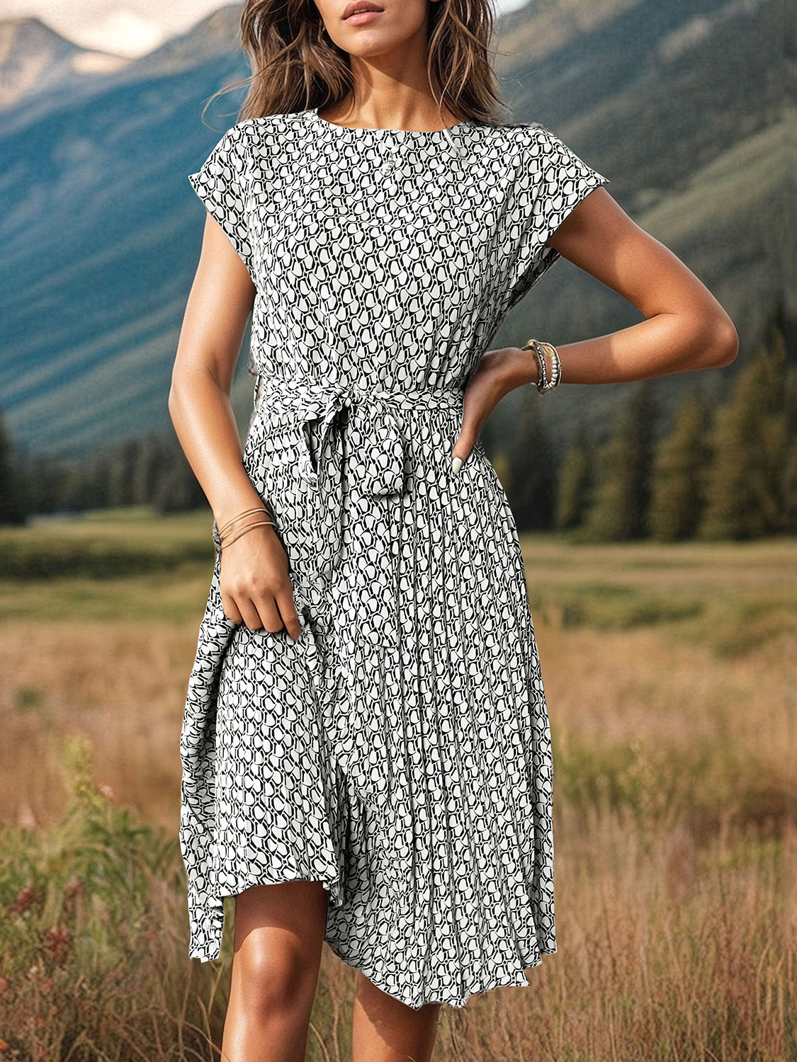 Printed Cap Sleeve Tie Waist Dress