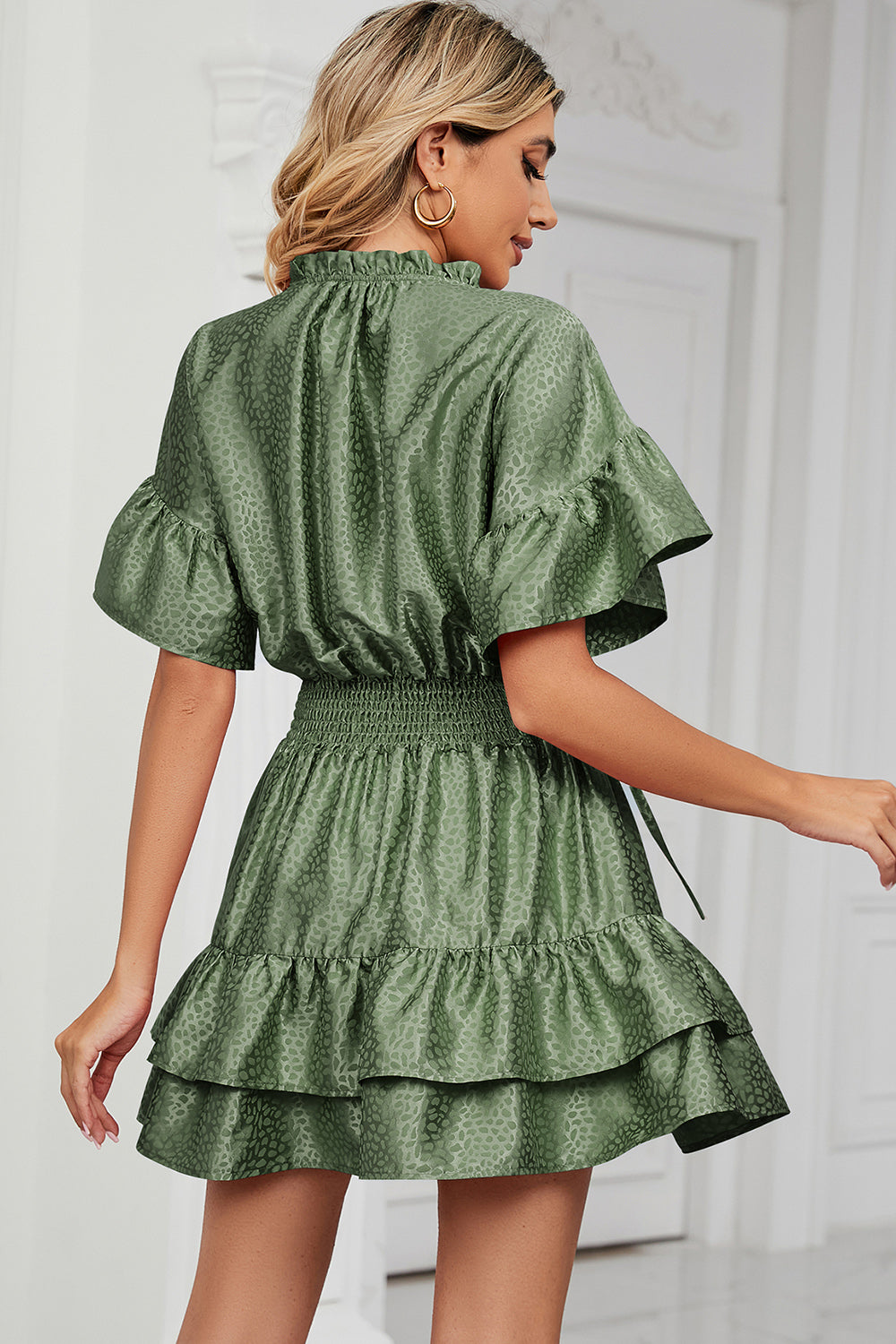 Smocked Tie Neck Flounce Sleeve Dress