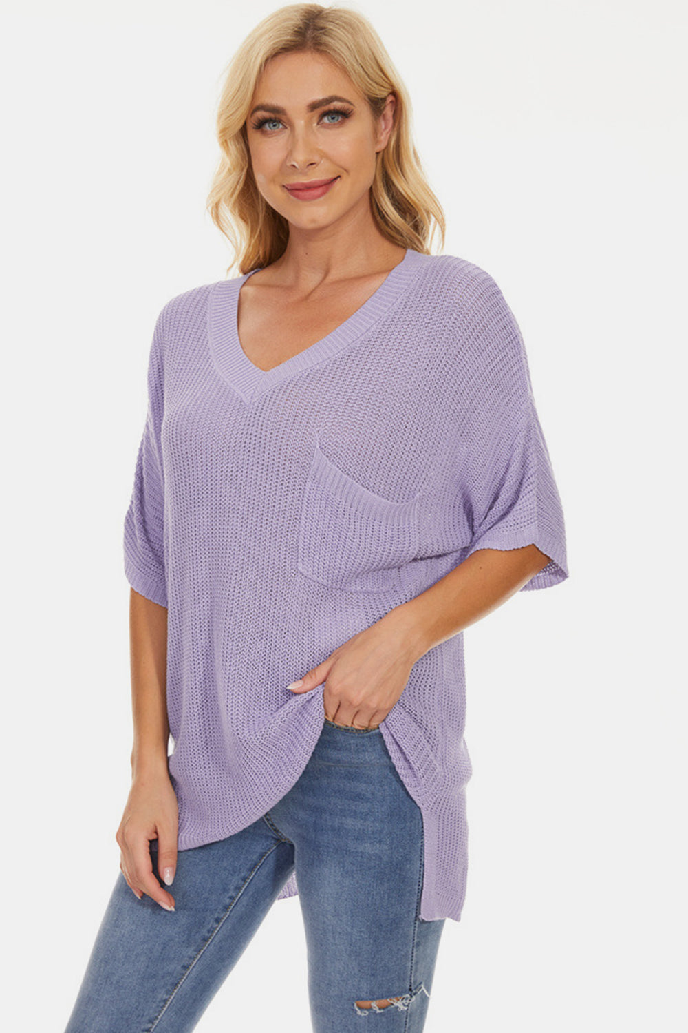 Pocketed V-Neck Half Sleeve Knit Top