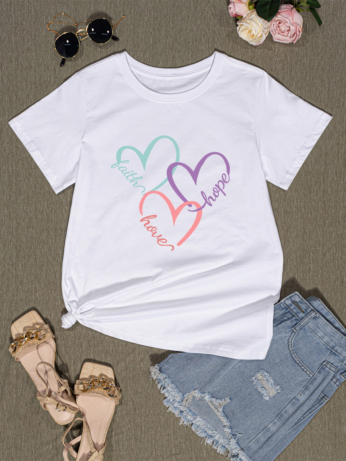 Heart Round Neck Short Sleeve T-Shirt