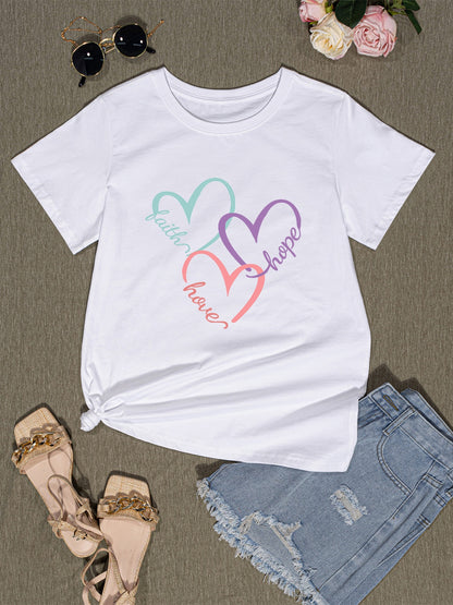 Heart Round Neck Short Sleeve T-Shirt