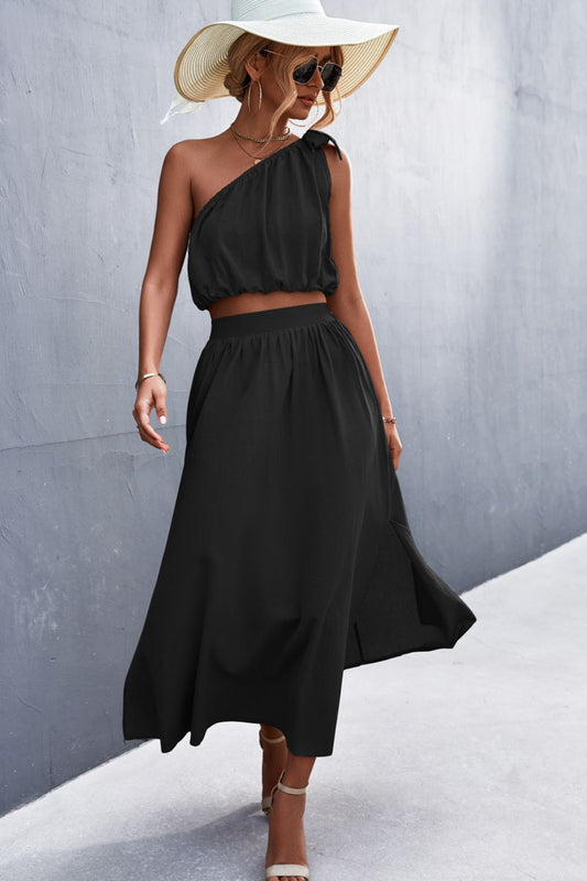 One-Shoulder Sleeveless Cropped Top and Skirt Set