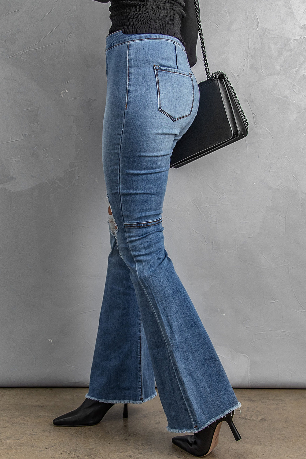 Baeful Distressed Raw Hem High-Waist Flare Jeans