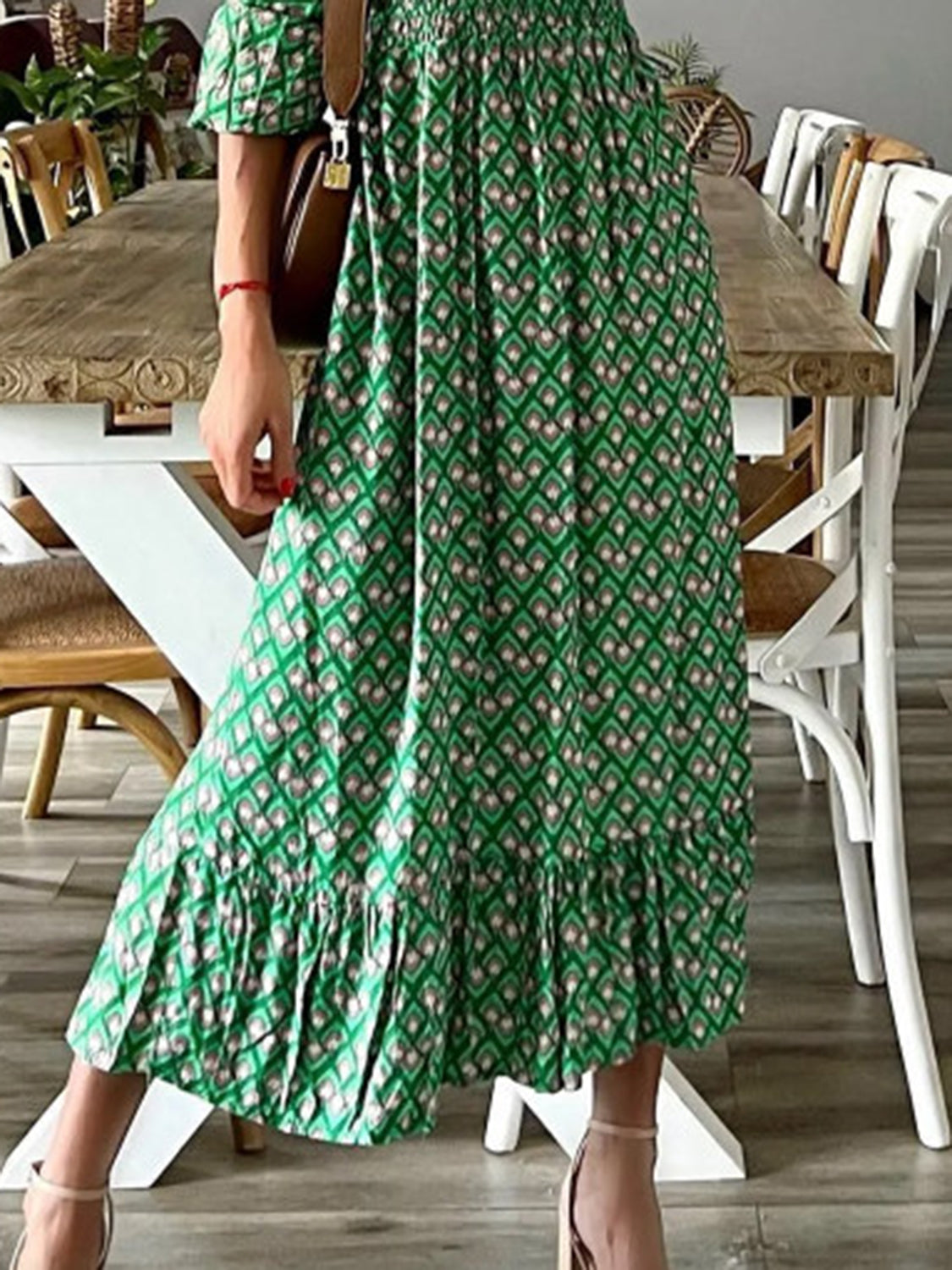 Smocked Printed V-Neck Midi Dress