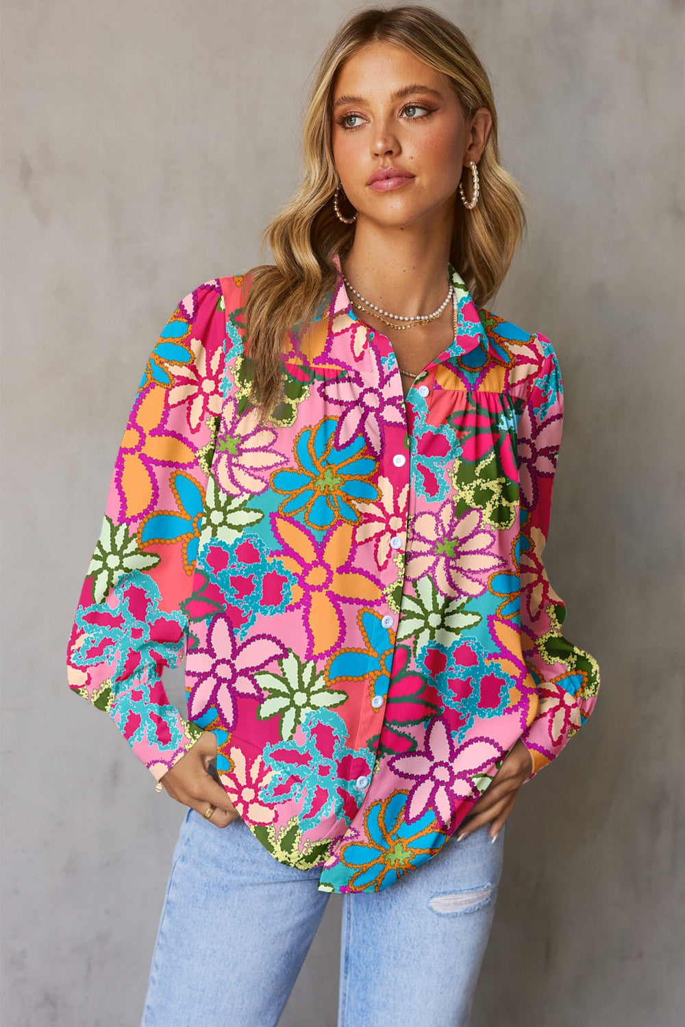 Printed Collared Neck Long Sleeve Shirt