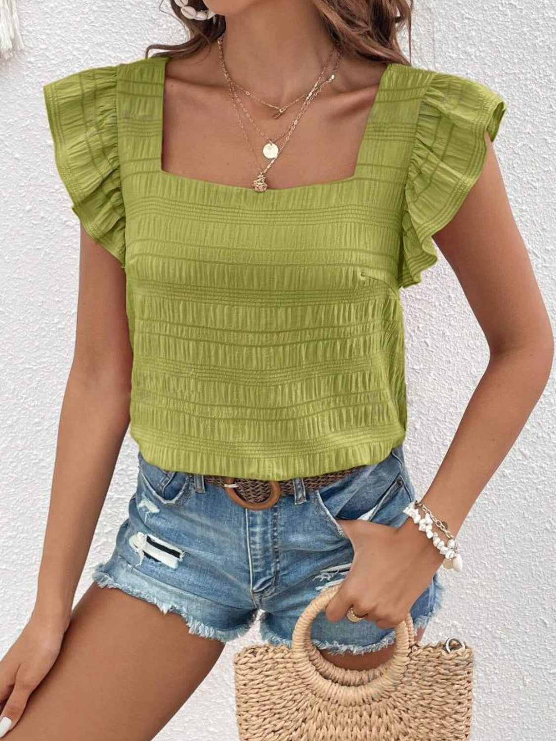 Ruffled Square Neck Cap Sleeve Blouse