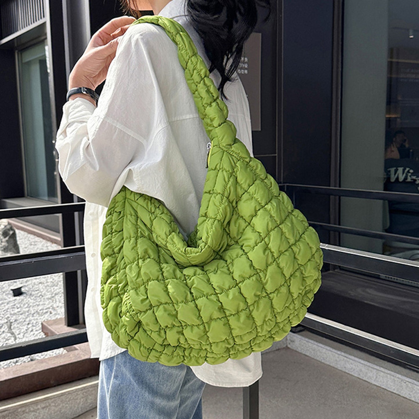 Quilted Pleated Plaid Shoulder Bag with Zipper