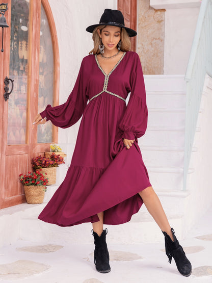 V-Neck Lantern Sleeve Ruffle Hem Dress