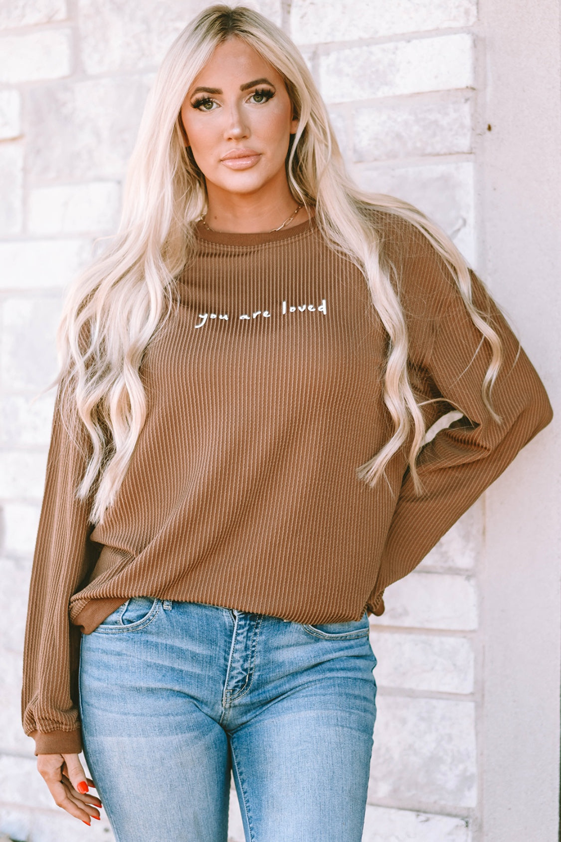 YOU ARE LOVED Graphic Dropped Shoulder Corduroy Sweatshirt