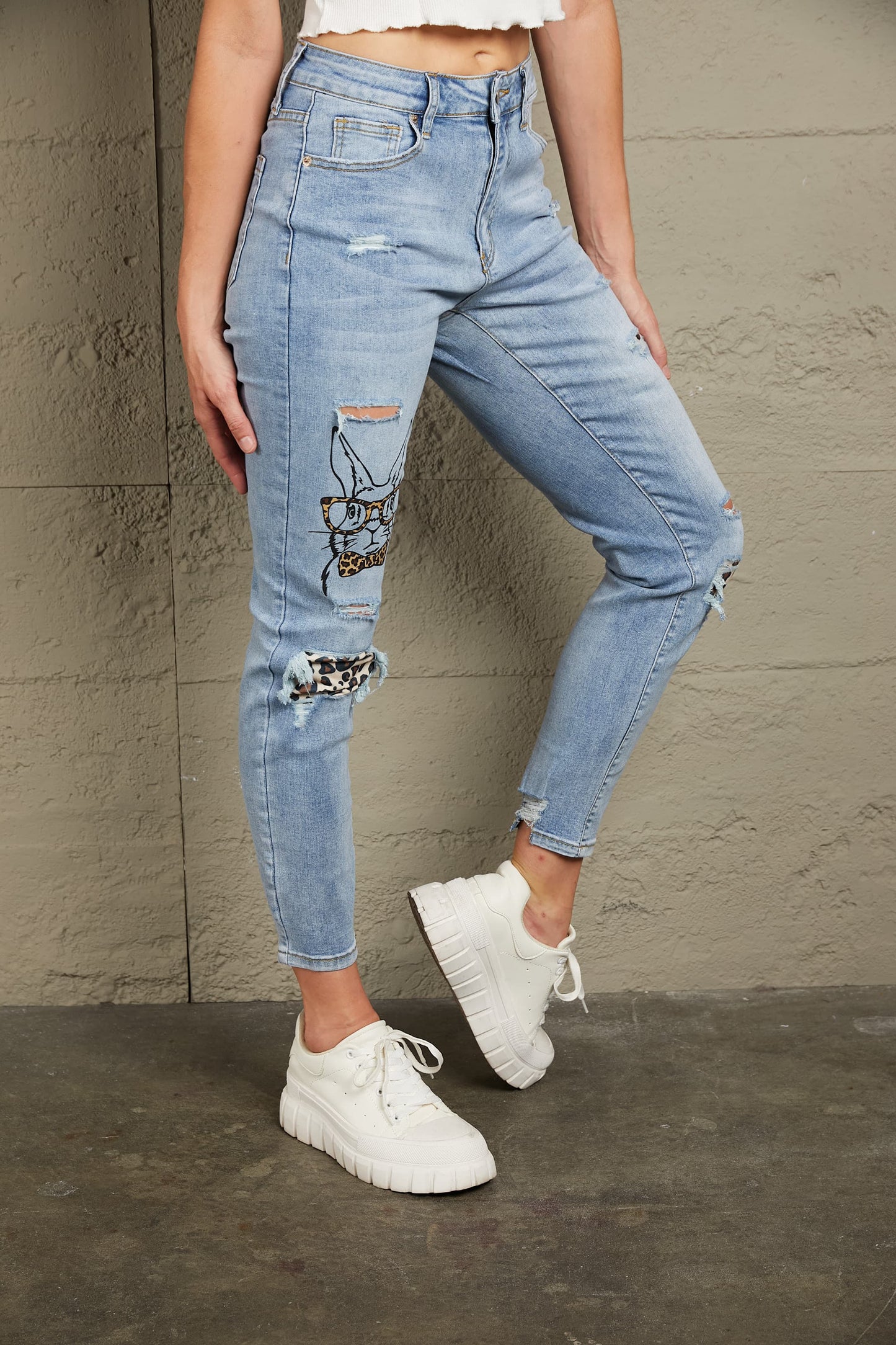 Baeful Easter Leopard Patch Bunny Graphic Jeans