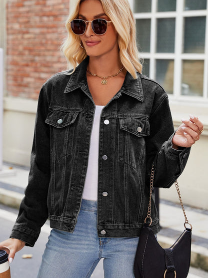 Pocketed Collared Neck Denim Jacket