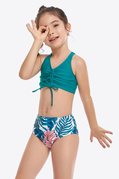 Printed Drawstring Ruched Two-Piece Swim Set