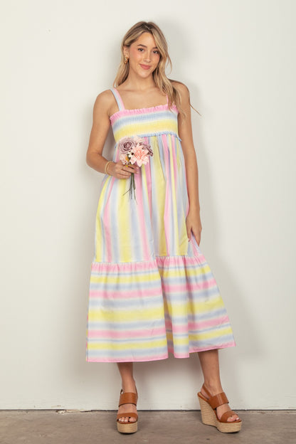 VERY J Striped Woven Smocked Midi Cami Dress