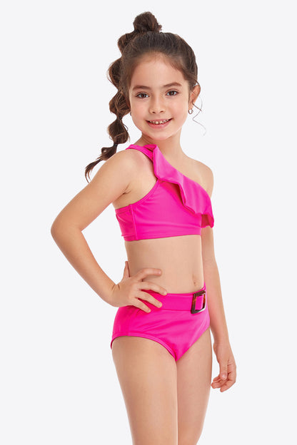 Ruffled One-Shoulder Buckle Detail Two-Piece Swim Set