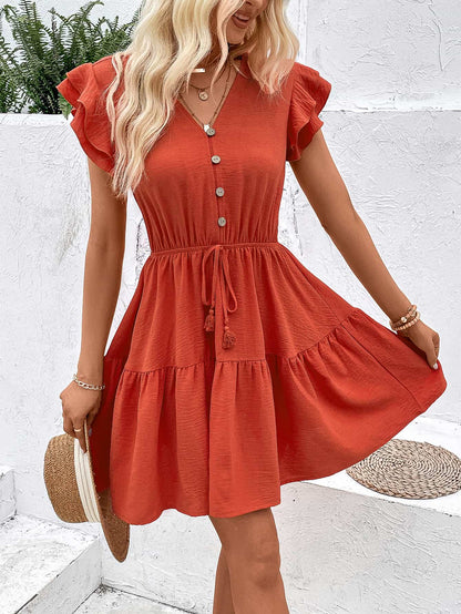 Tassel Tie V-Neck Flutter Sleeve Dress