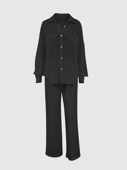 Texture Button Up Long Sleeve Shirt and Pants Set