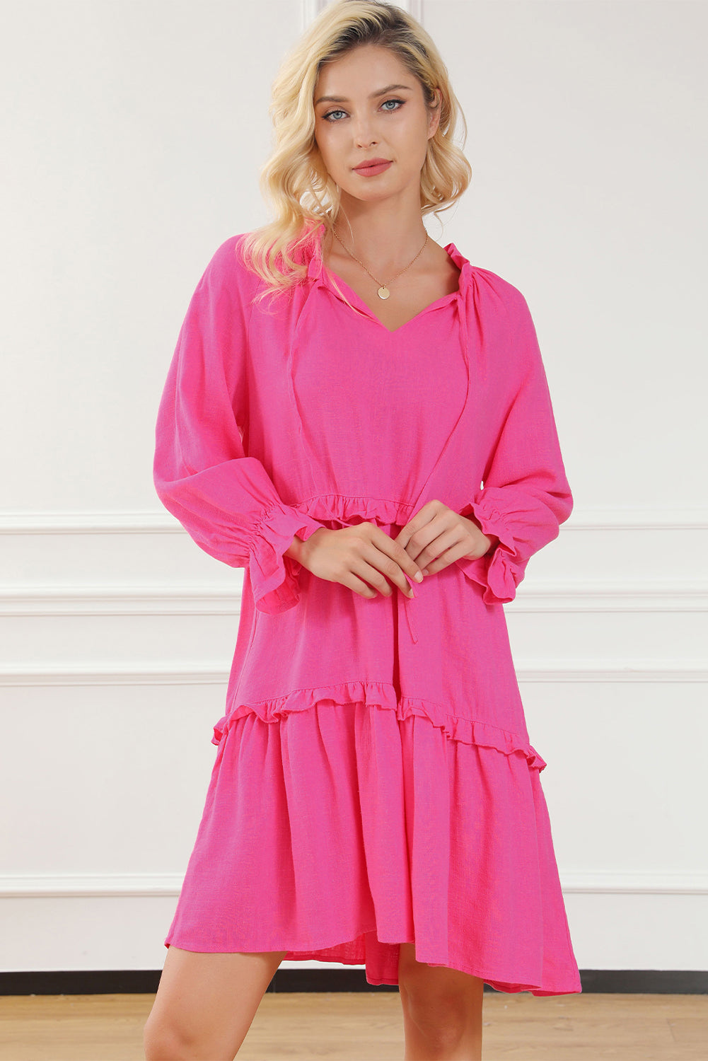 Tie Neck Flounce Sleeve Tiered Dress